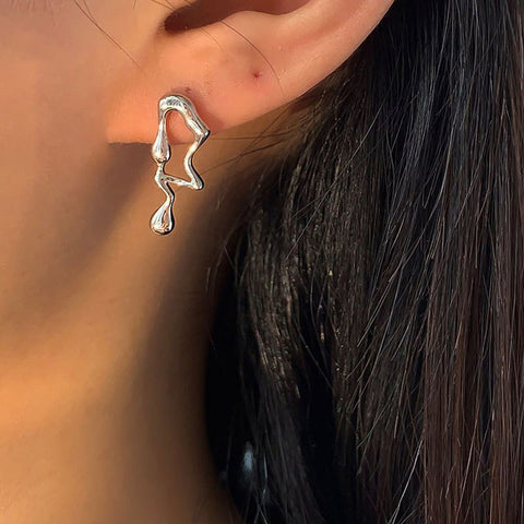 Asymmetrical Fluid Liquid Metal Drop Enchanting Amulet Earrings